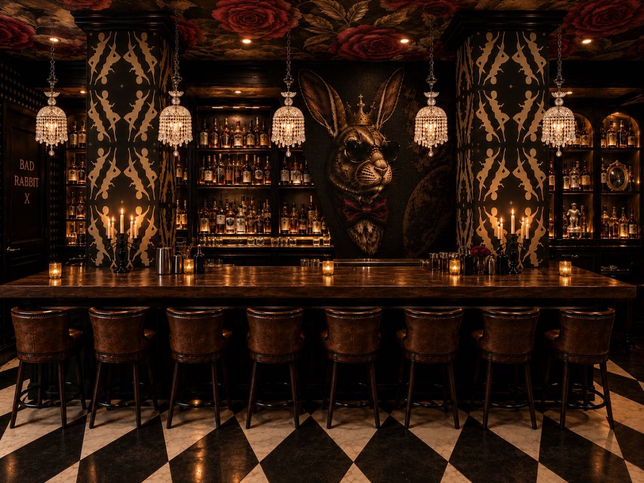 The bar at Bad Rabbit, lined with leather stools under crystal chandeliers, bottles stacked behind a gilded rabbit mural.